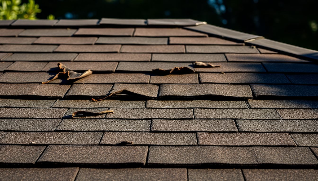 Close-up view of damaged asphalt shingles on a Houston residential roof showing curling edges and missing granules, highlighting the need for roof replacement Houston services