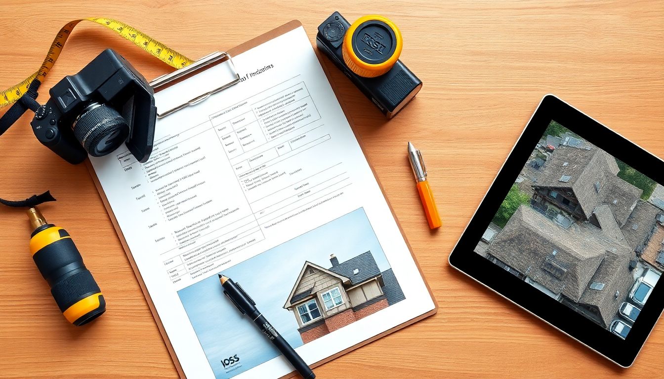 Professional roof damage assessment tools including measuring tape, digital camera, clipboard with inspection forms, and tablet displaying roof damage photos for Houston roofing contractors