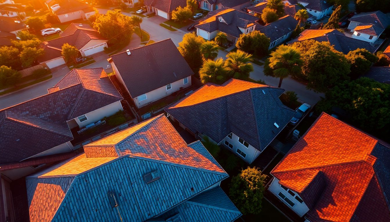 Aerial perspective of residential rooftops in Houston neighborhood showing various roof materials and conditions for roof leak detection and repair assessment