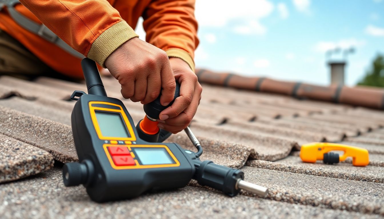 Professional roof leak detection tools including moisture meter and measuring devices laid out on roof decking for finding roof leaks
