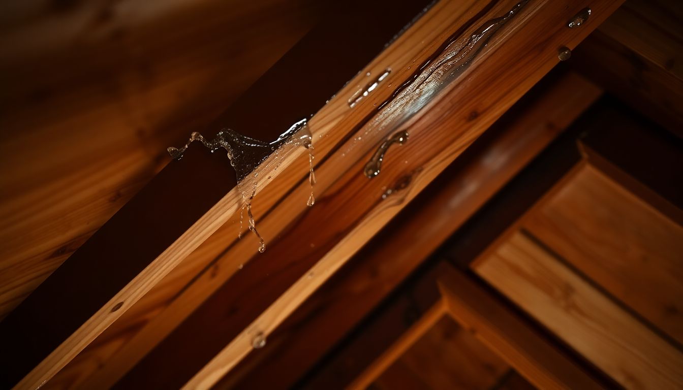 Close-up of water droplets on wooden roof decking in attic space, demonstrating roof leak detection methods and visible water damage