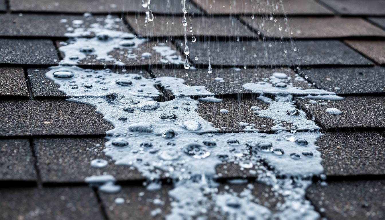 Close-up of water streaming across weathered asphalt roof shingles showing potential roof leak detection signs with water droplets creating patterns on textured surface