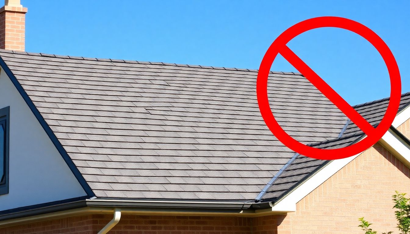 Wide angle view of a well-maintained residential roof with clean lines and perfect shingle alignment under clear blue sky, demonstrating effective roof leak prevention and proper roof maintenance