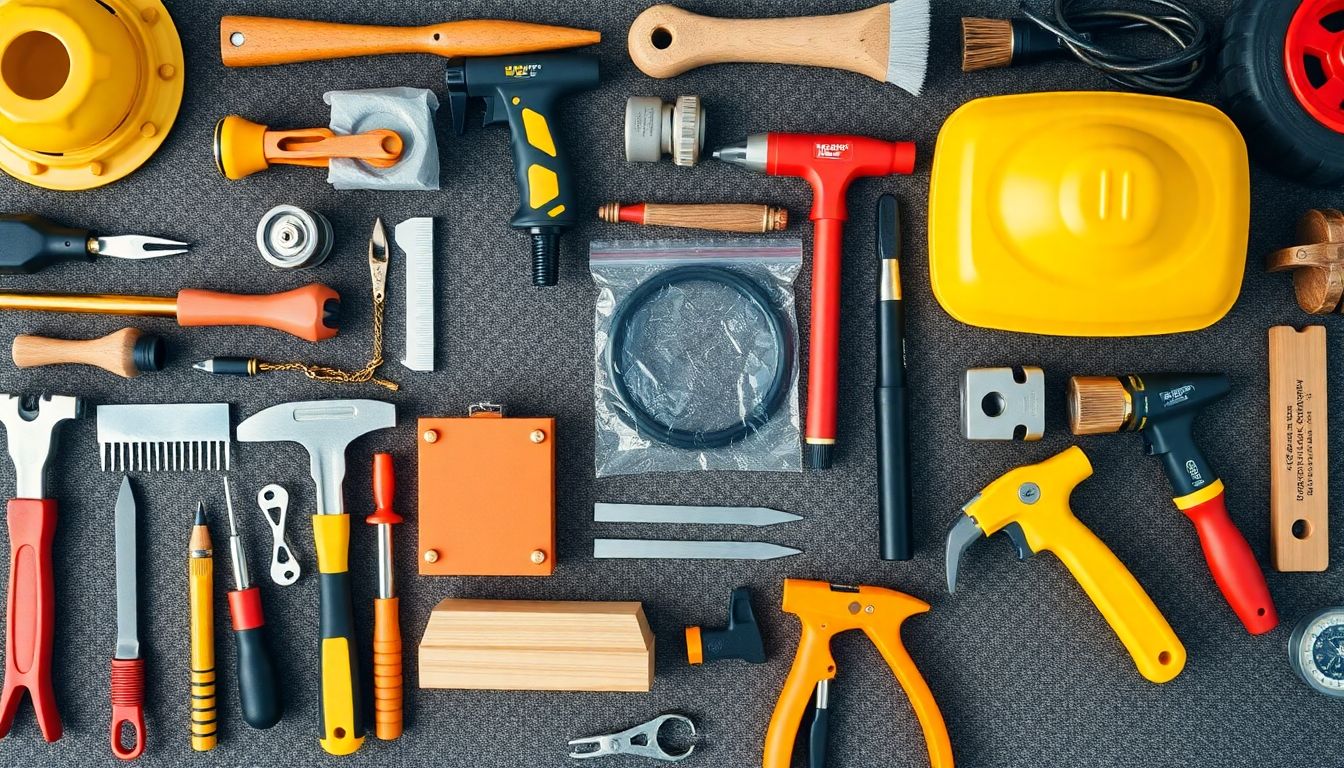 Overhead flat lay view of professional roof maintenance tools and leak prevention equipment arranged on wooden surface, featuring safety gear and quality materials for residential roofing projects