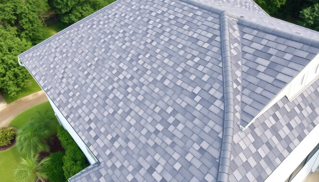 Beautiful newly installed residential roof replacement in Houston featuring clean architectural shingles in perfect alignment, photographed from ground level with clear blue sky and mature trees