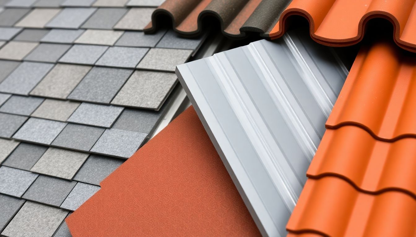 Close-up of roof replacement materials including asphalt shingles, metal panels, and clay tiles arranged on wooden surface for Houston roofing contractors consultation